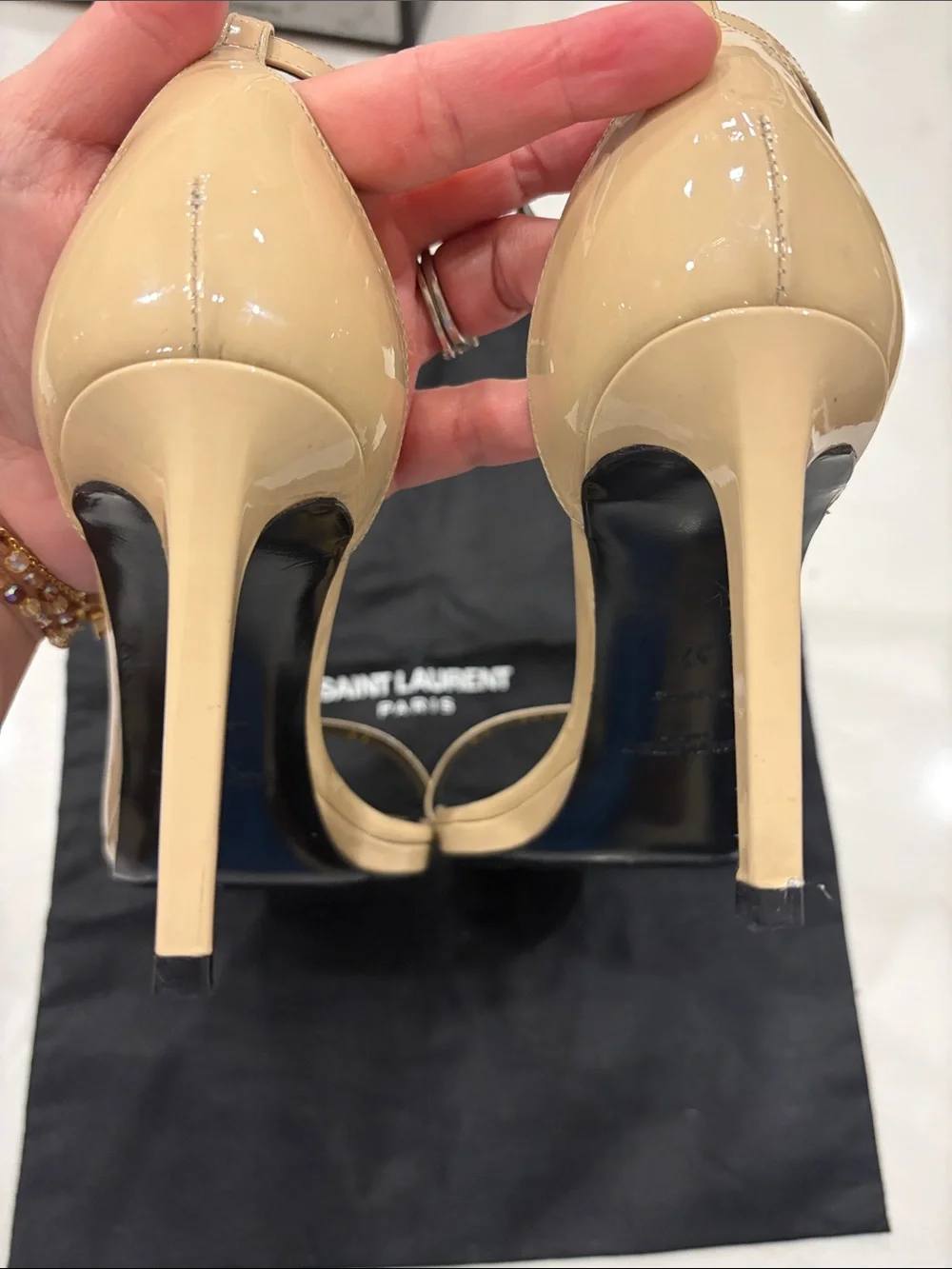 Saint Laurent Nude-Powder Patent Leather Ankle-Strap Heels - Picture 6 of 9